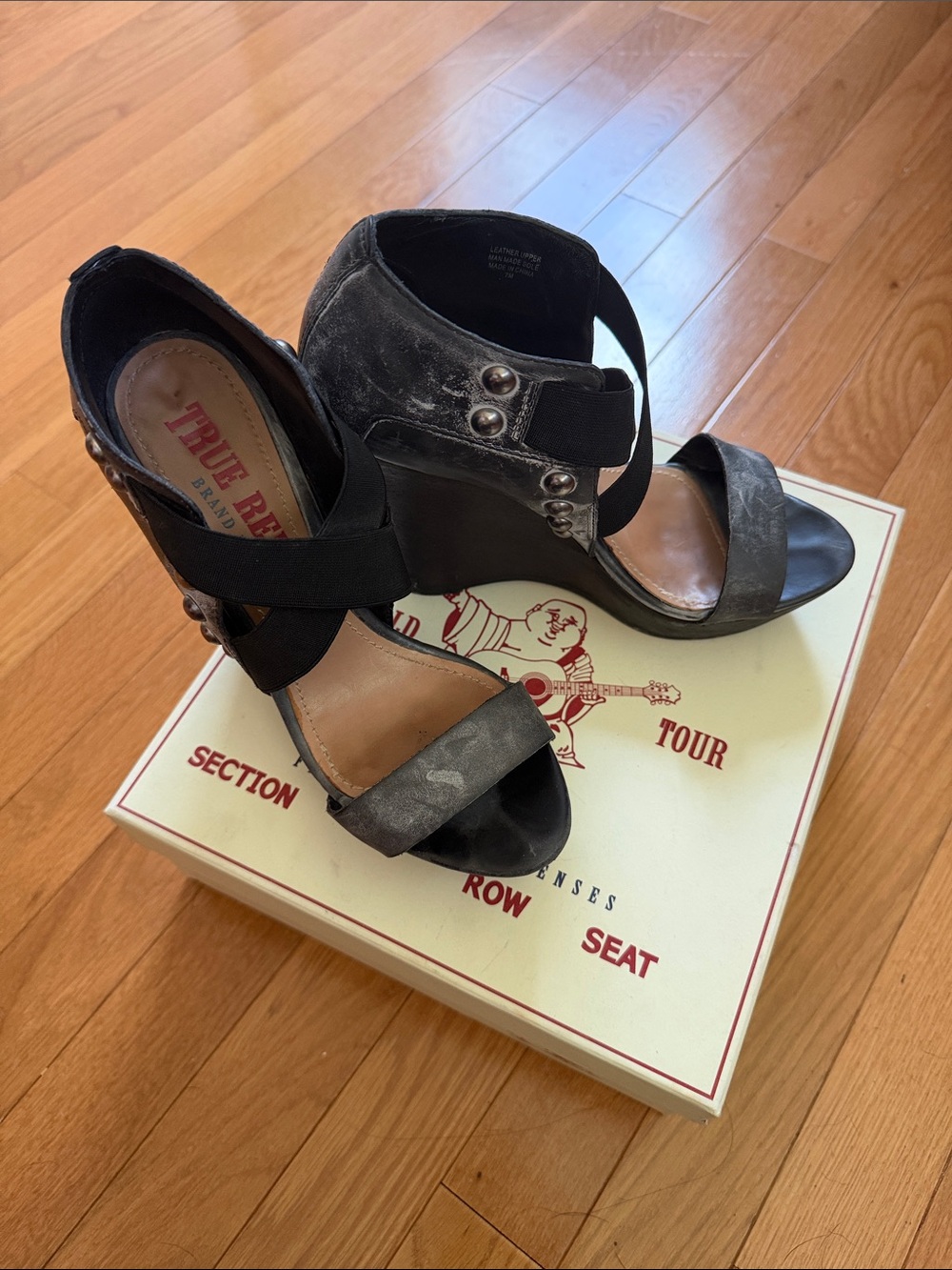 True Religion Humphrey Black Elastic Strap Wedge Sandals